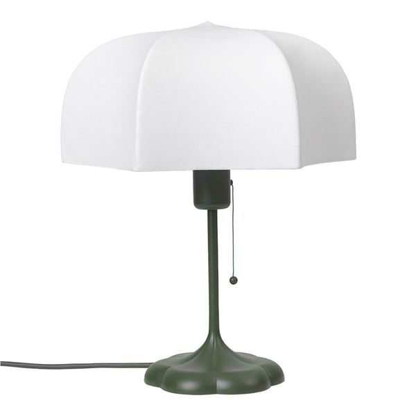 White dome lamp shade on a green base, featuring a smooth finish and sleek design for modern decor.