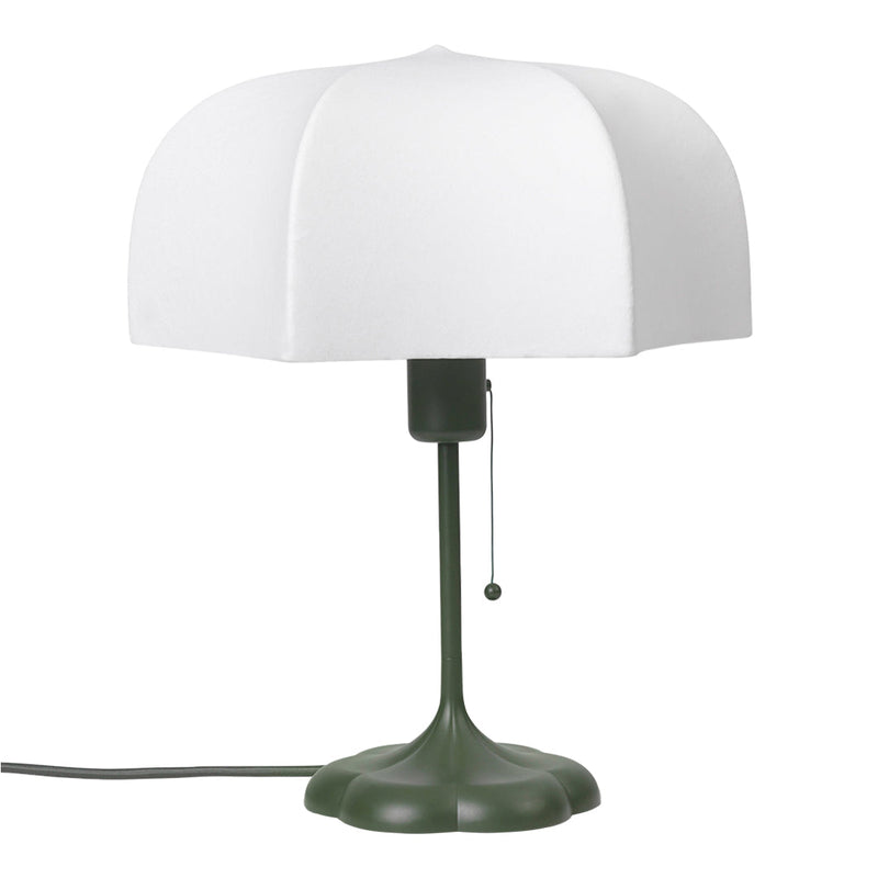 White dome lamp shade on a green base, featuring a smooth finish and sleek design for modern decor.
