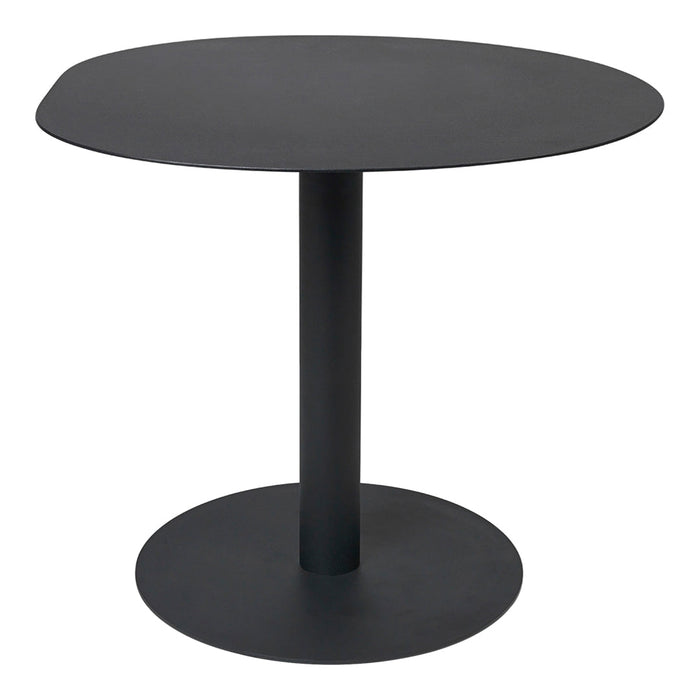 Round black dining table with a sleek matte finish and minimalist design, featuring a solid circular base.