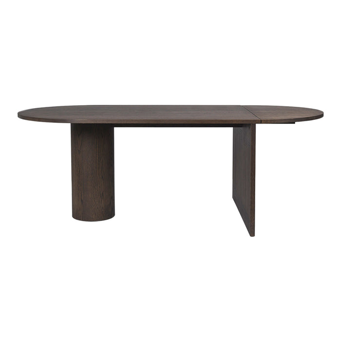 Dark wood oval dining table with a smooth surface and modern, minimalist design. Ideal for contemporary interiors.
