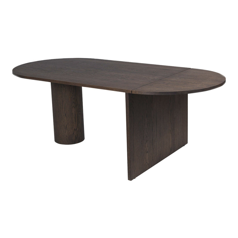 Modern oval dark wood dining table with sleek lines and a minimalist design, showcasing a rich, textured finish.