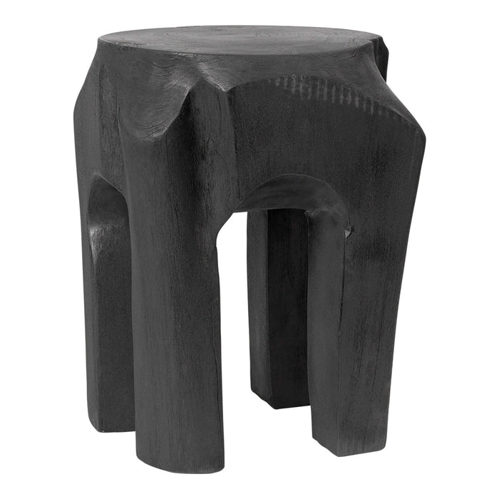 Black elephant-shaped stool with a textured finish and smooth, rounded edges, perfect for modern decor.