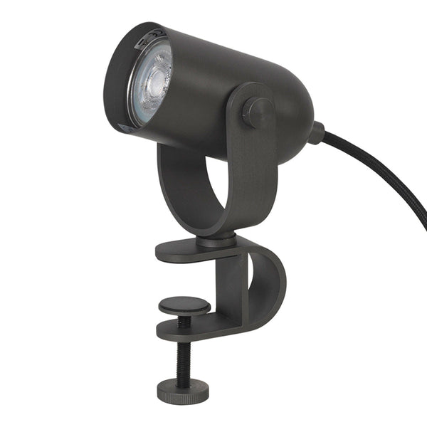 Black metal clamp spotlight with a sleek, modern design, featuring a round lamp head and minimalistic accents.