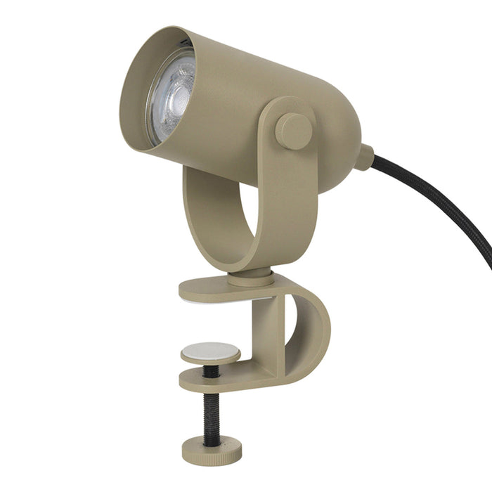 Beige clamp spotlight with a sleek, modern design and a smooth finish. Perfect for versatile lighting solutions.