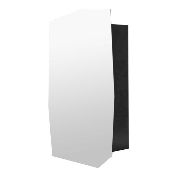 Sleek black and reflective silver wall-mounted mirror with a modern geometric design.