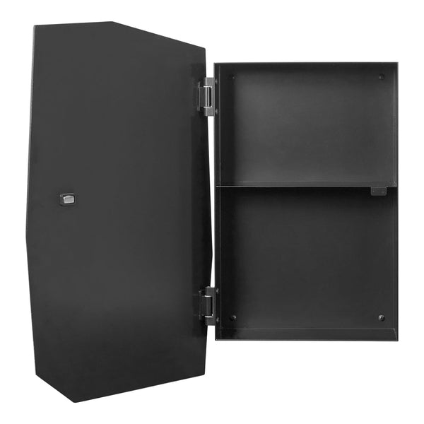Black metal cabinet with a sleek, minimalist design and no visible patterns. Ideal for modern decor.