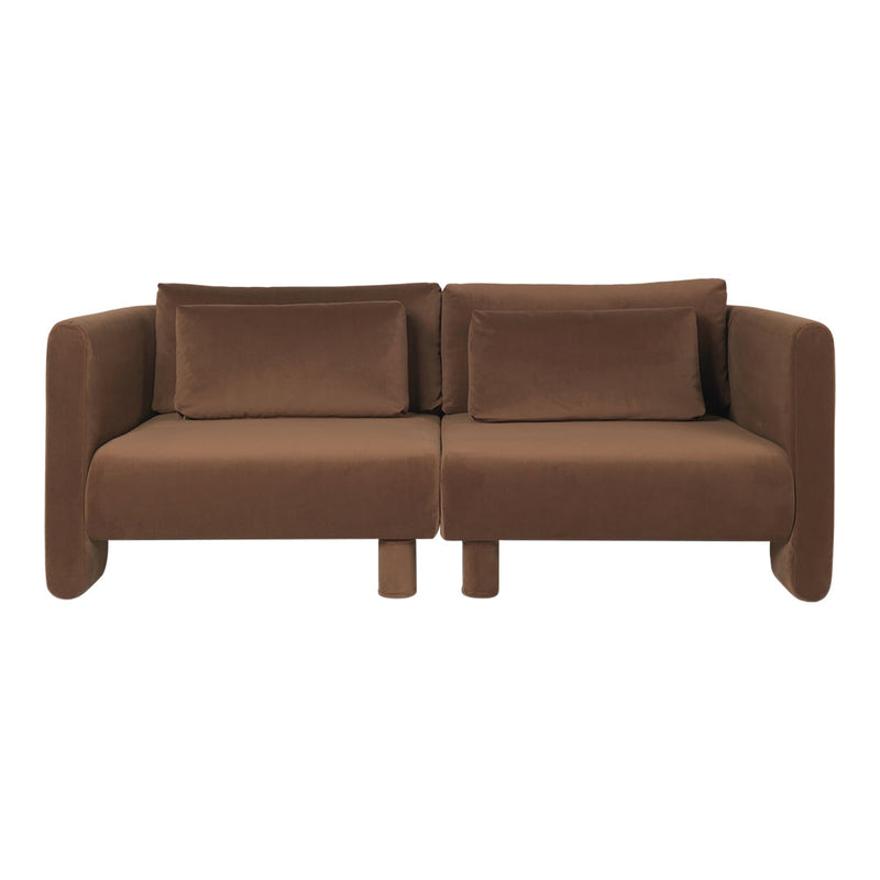 Brown two-seater sofa with a smooth texture and minimalist design, featuring matching cushions and a modern silhouette.
