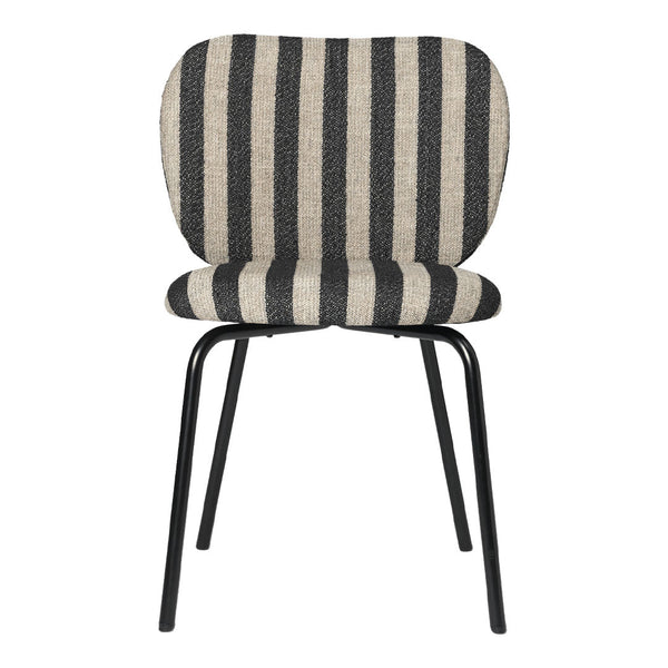 Striped chair in neutral tones of black and beige, featuring bold vertical lines on a soft-textured fabric.