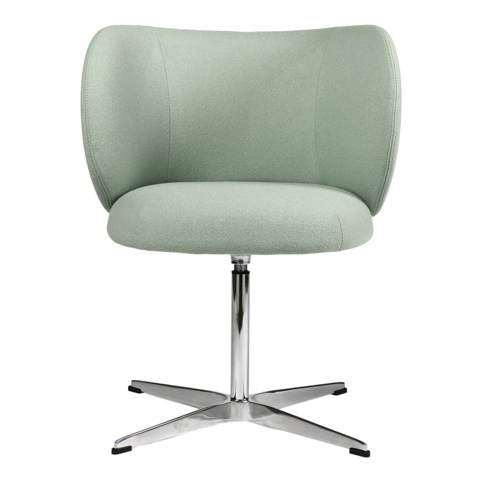 Mint green swivel chair with a modern design and a smooth fabric texture, set on a sleek chrome base.