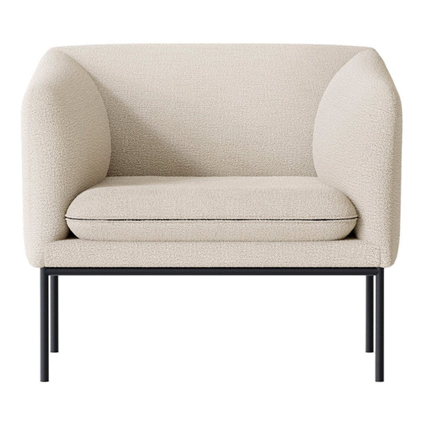 Beige textured armchair with a clean, modern design and minimalist black metal legs. Perfect for contemporary decor.