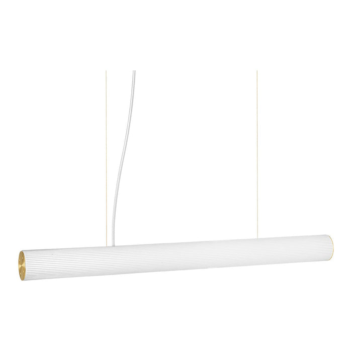 Sleek white ribbed pendant light with gold accents, ideal for modern decor.