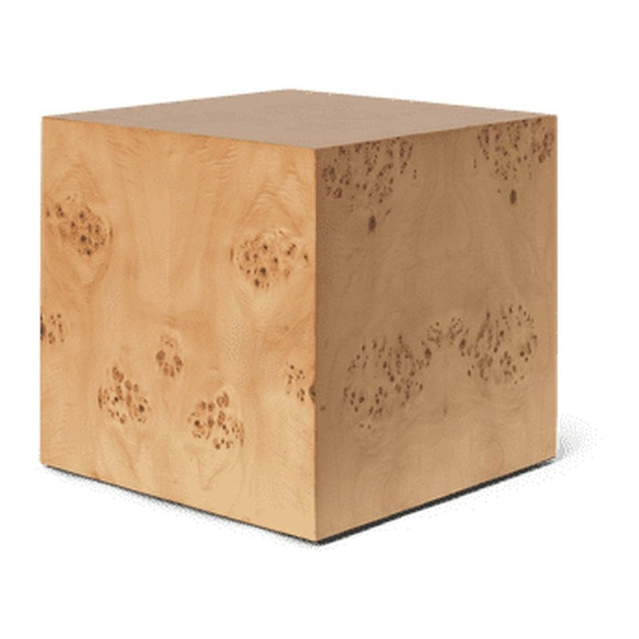 Natural wood cube with light beige color and distinctive, subtle burl patterns. Perfect for modern decor.