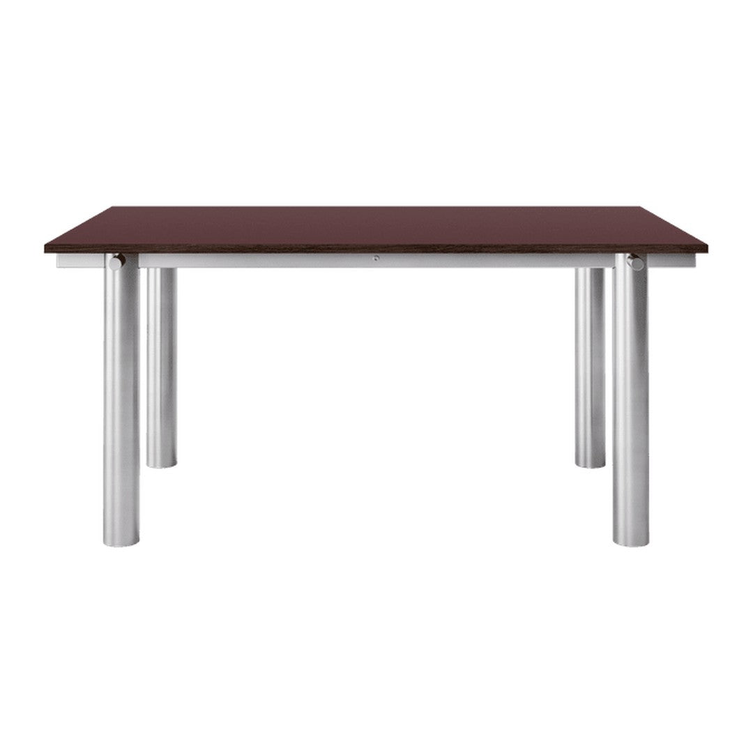 Dark brown tabletop with sleek silver legs, creating a modern and minimalist aesthetic.