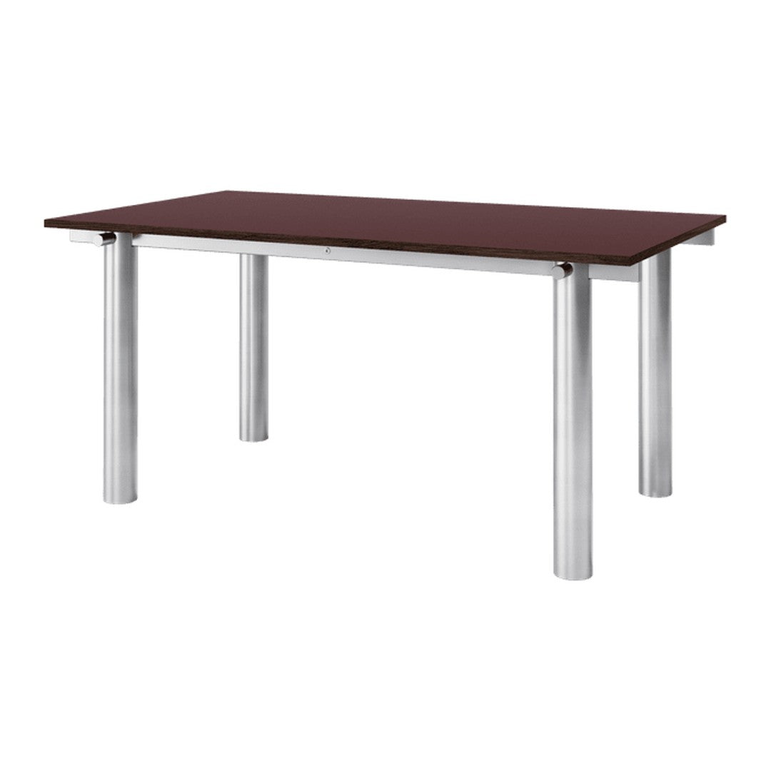 Brown tabletop with silver metal legs, sleek modern design, perfect for dining or workspace.