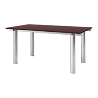 Brown tabletop with silver metal legs, sleek modern design, perfect for dining or workspace.