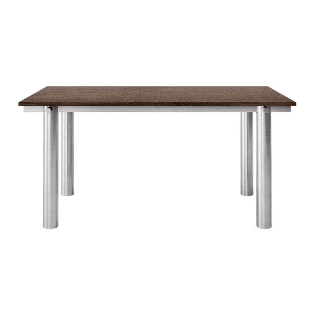 Brown wood tabletop with sleek silver legs, creating a modern and minimalist style.