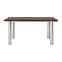Brown wood tabletop with sleek silver legs, creating a modern and minimalist style.