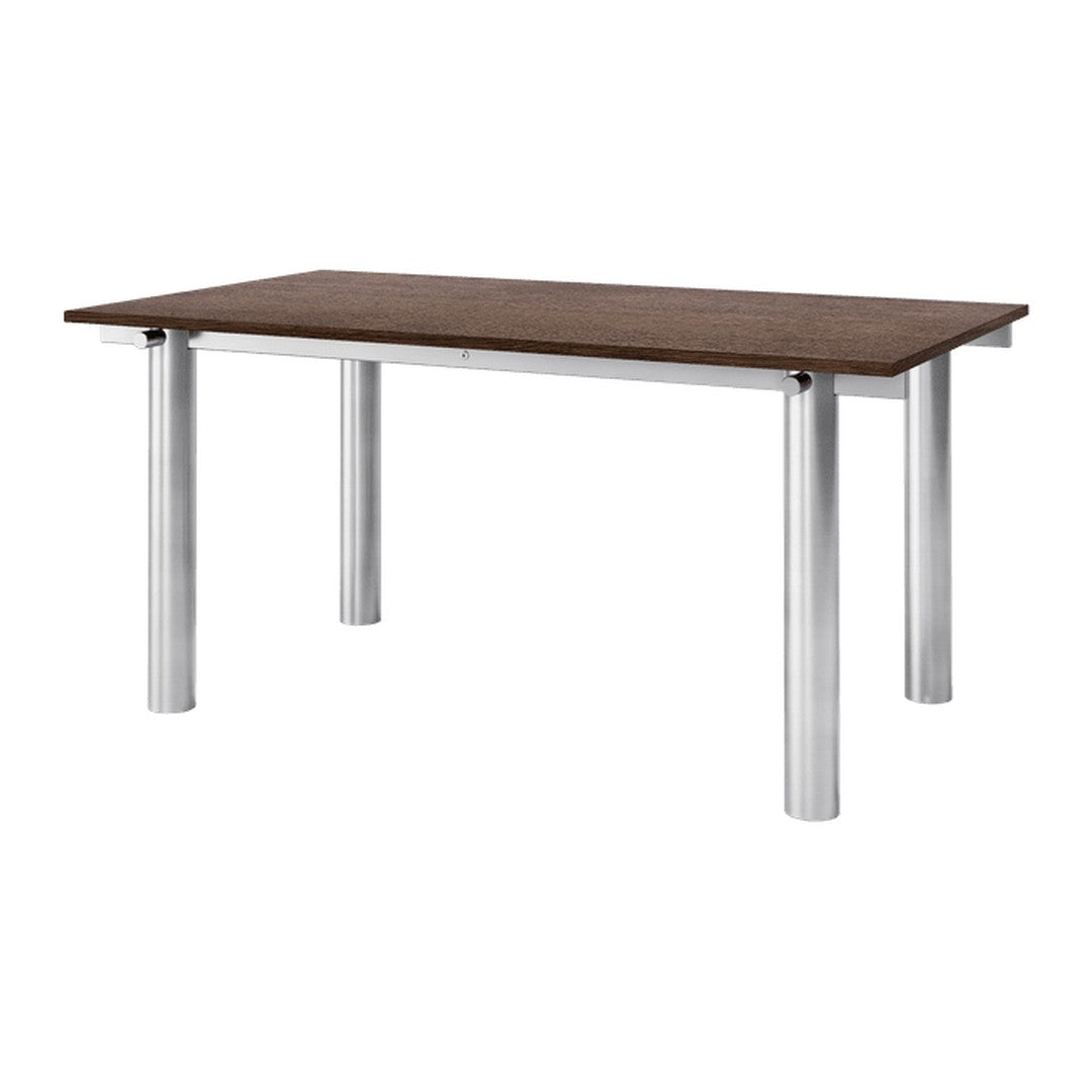 Brown wood tabletop with silver metal legs, minimalist design, and sleek finish, perfect for modern dining spaces.