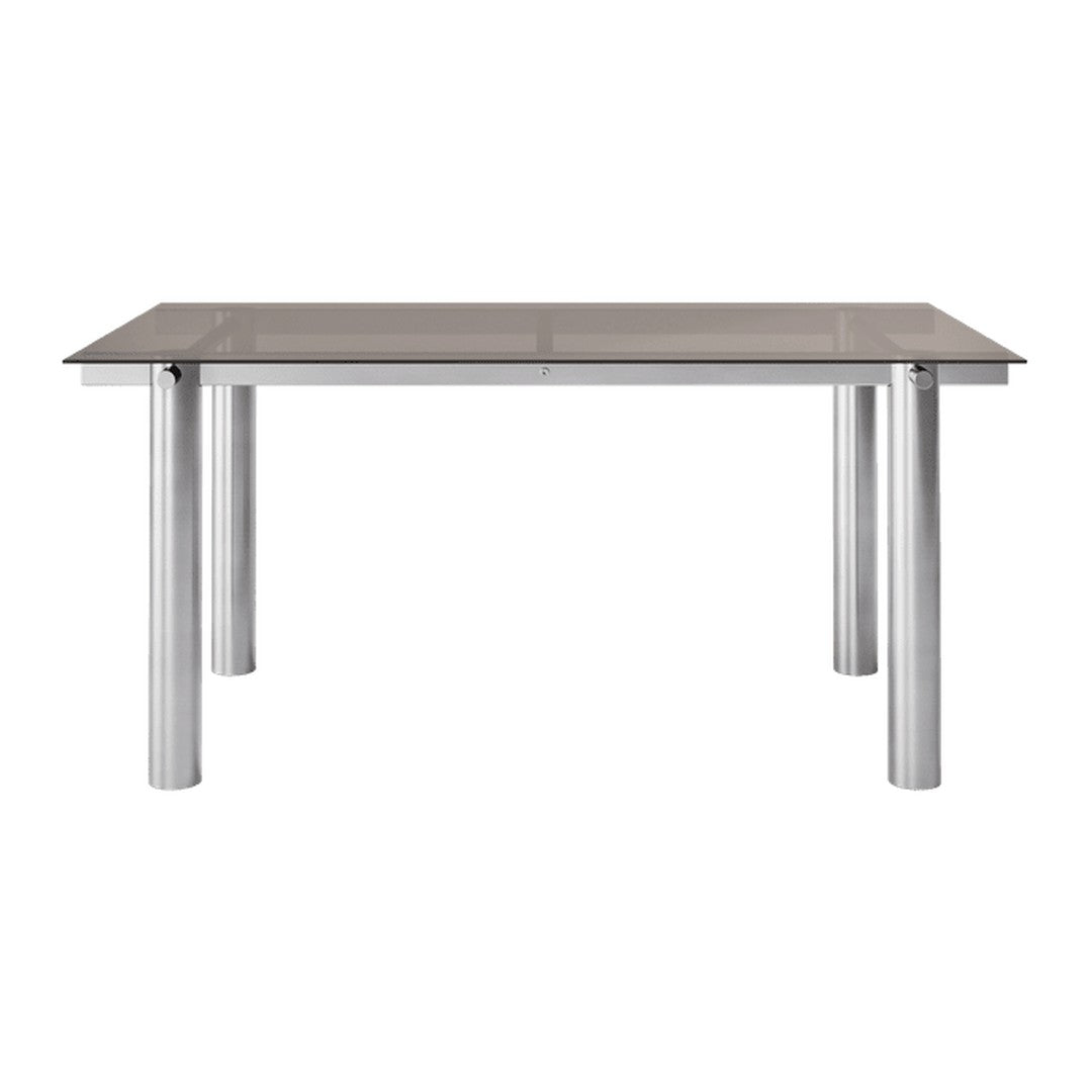 Modern rectangular dining table with a sleek grey glass top and shiny silver metal legs.