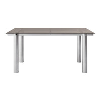 Modern rectangular dining table with a sleek grey glass top and shiny silver metal legs.