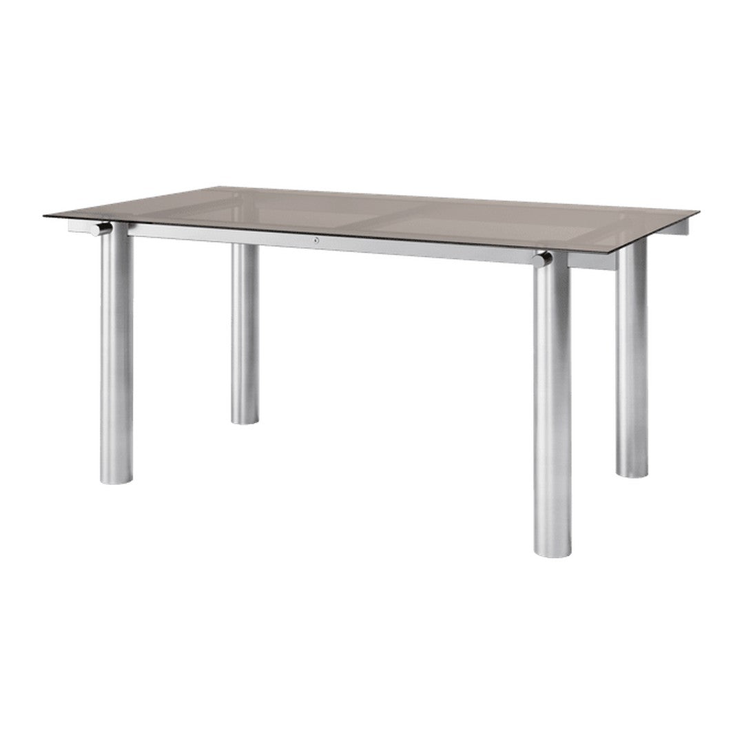 Modern rectangular dining table with a sleek gray glass top and silver metal legs. Simple, clean design.