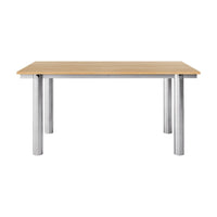 Light wood tabletop with silver metal legs, featuring a minimalist design and smooth finish. Perfect for modern decor.