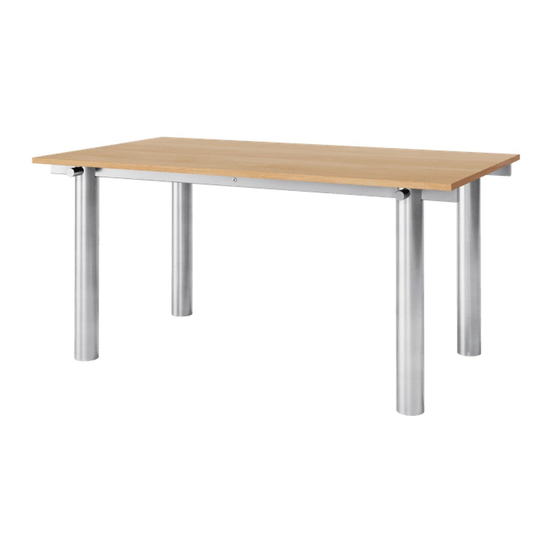 Light wood tabletop with brushed silver metal legs, sleek and modern design, suitable for various interior styles.