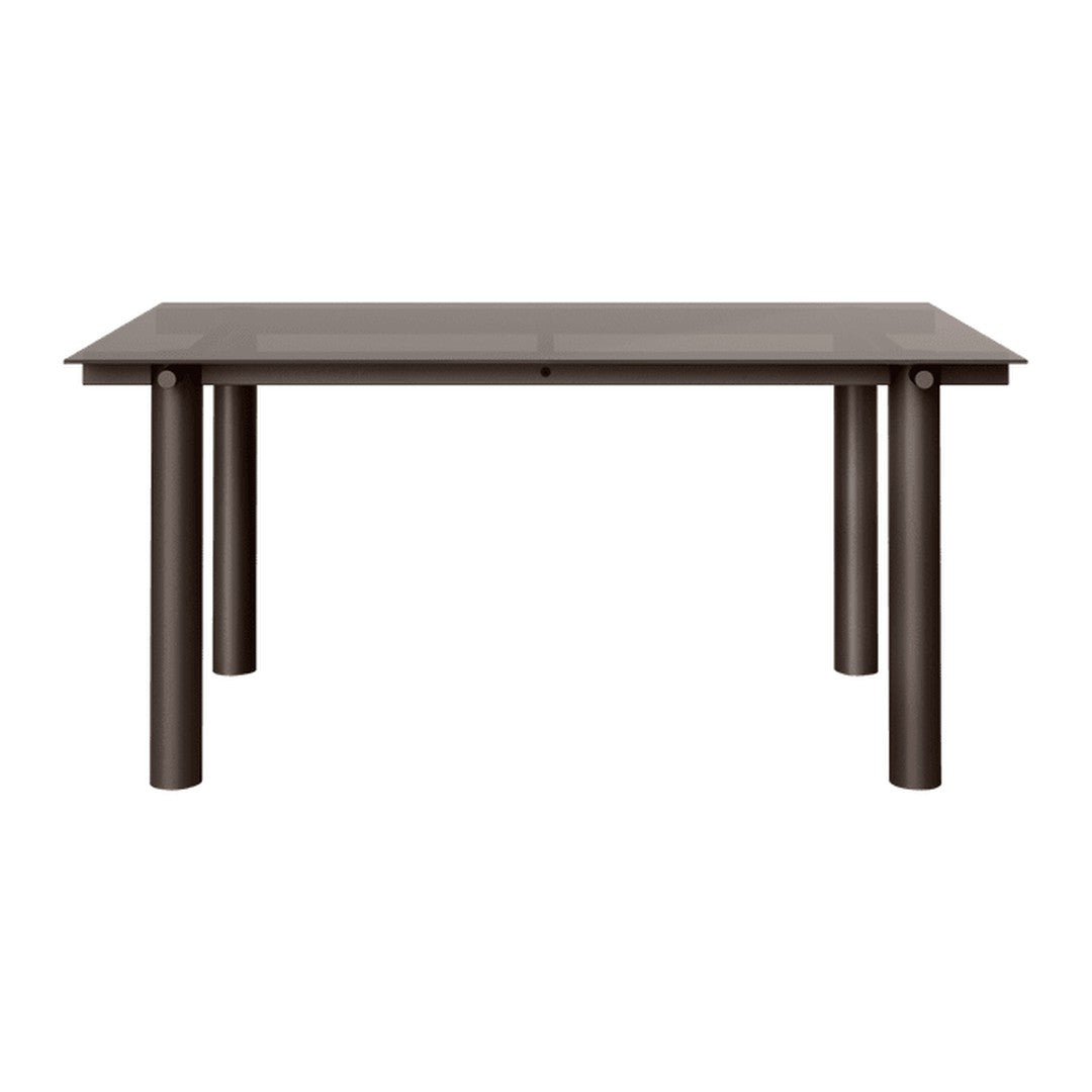 Modern rectangular table in dark brown with a smooth surface and simple cylindrical legs. Ideal for contemporary spaces.