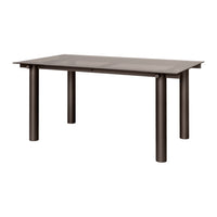Dark brown rectangular table with a smooth surface and sturdy cylindrical legs. Modern, minimalistic design.