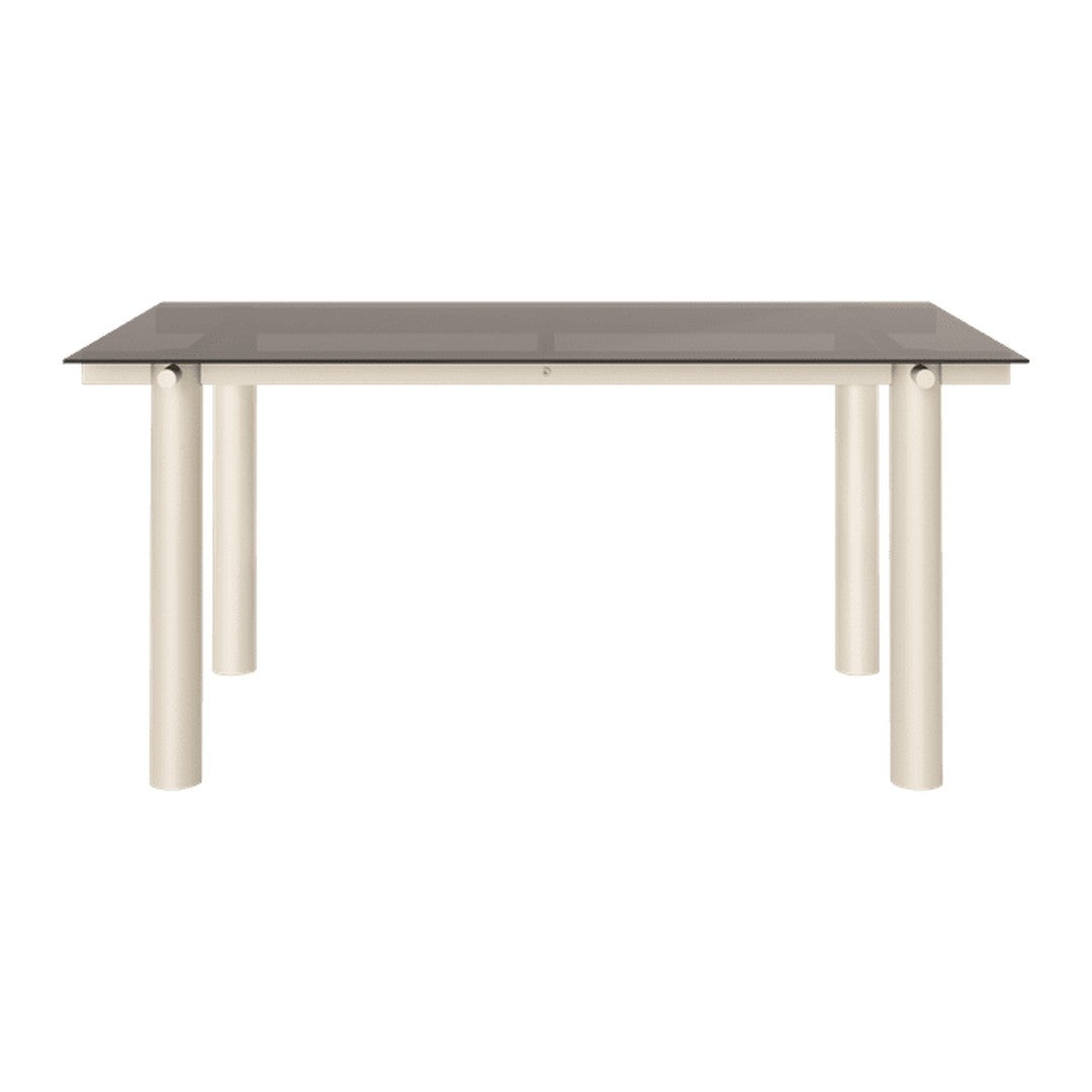 Modern rectangular dining table in gray top with cream cylindrical legs, featuring a sleek, minimalist design.