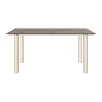Modern rectangular dining table in gray top with cream cylindrical legs, featuring a sleek, minimalist design.