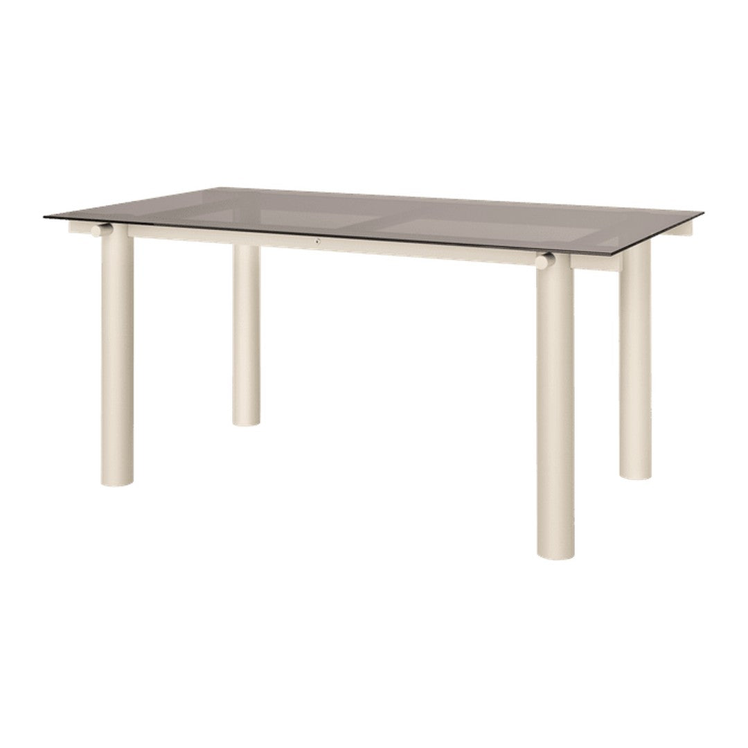 Modern rectangular table with a gray glass top and cream-colored cylindrical legs, offering a sleek, minimalist design.