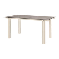 Modern rectangular table with a gray glass top and cream-colored cylindrical legs, offering a sleek, minimalist design.