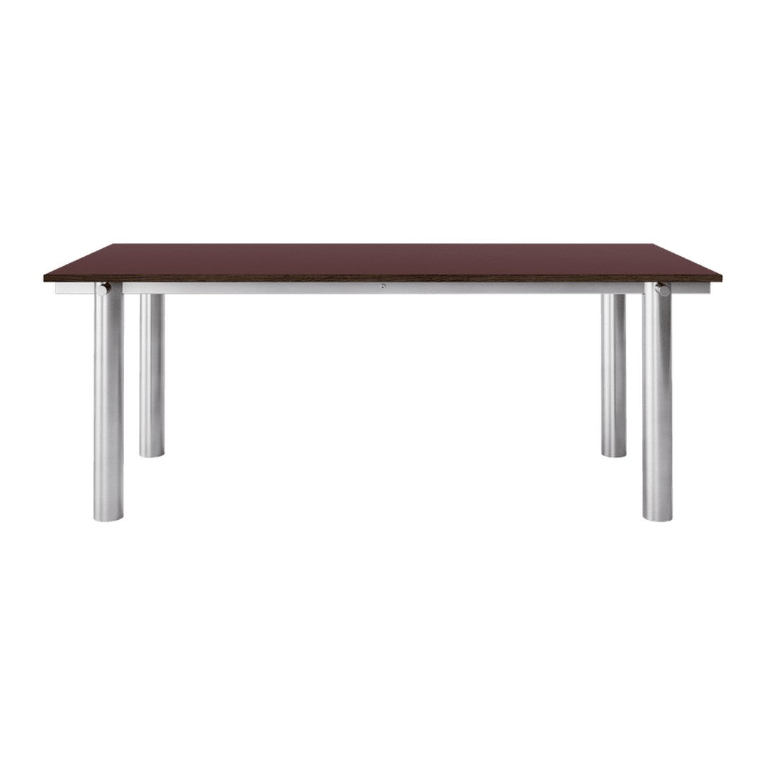 Dark mahogany tabletop with sleek silver metal legs, offering a modern, minimalist design. Perfect for any dining space.