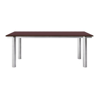 Dark mahogany tabletop with sleek silver metal legs, offering a modern, minimalist design. Perfect for any dining space.