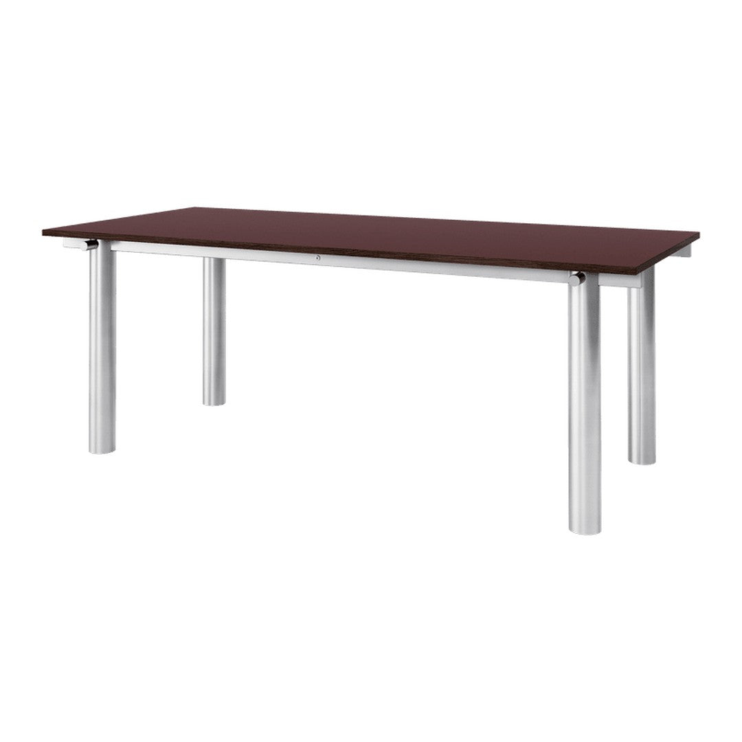 Rectangular dark brown tabletop with silver metal legs, sleek and modern design, suitable for various decor styles.
