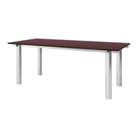 Rectangular dark brown tabletop with silver metal legs, sleek and modern design, suitable for various decor styles.