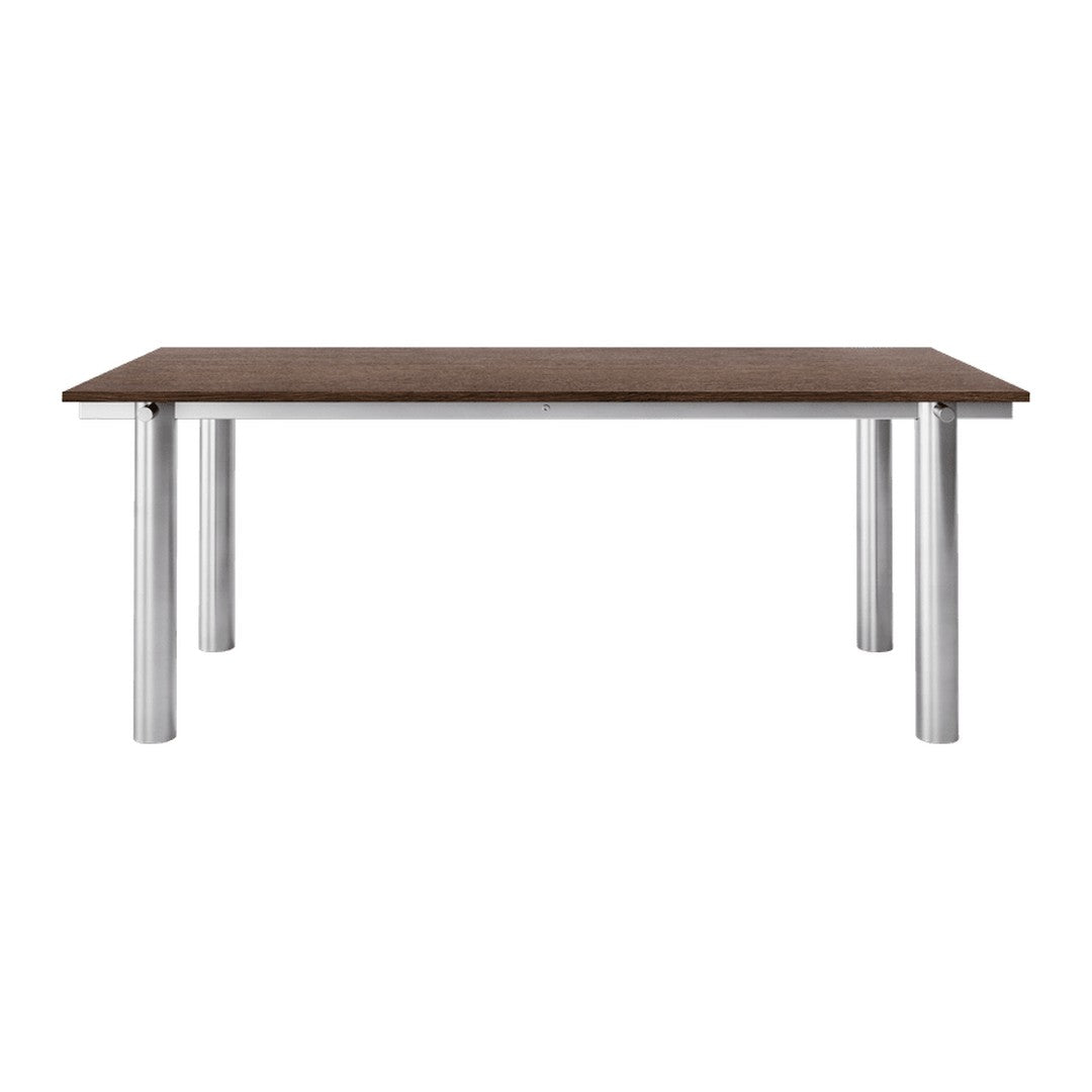 Brown wood tabletop with sleek metal legs, featuring a modern, minimalist design. Ideal for contemporary dining spaces.