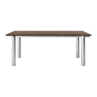 Brown wood tabletop with sleek metal legs, featuring a modern, minimalist design. Ideal for contemporary dining spaces.