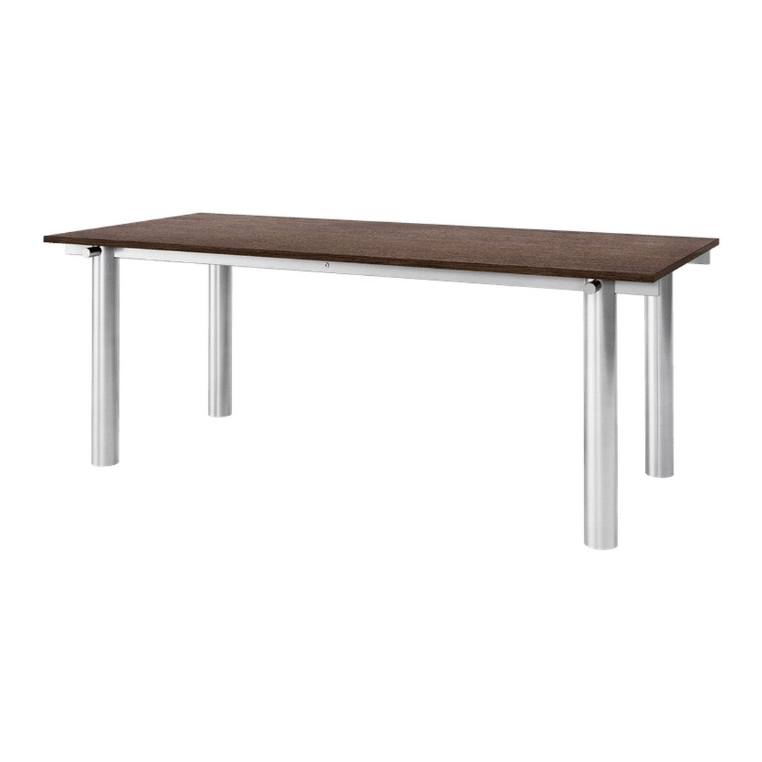 Brown wooden tabletop with polished silver legs, featuring a sleek, modern design. Ideal for contemporary spaces.