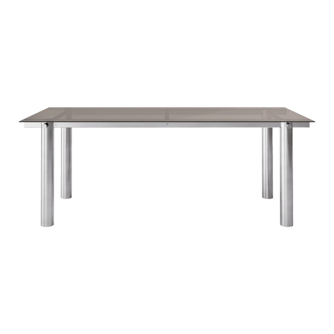 Sleek silver metallic dining table with a smooth, glossy gray top and minimalist design. Perfect for modern interiors.