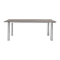 Sleek silver metallic dining table with a smooth, glossy gray top and minimalist design. Perfect for modern interiors.