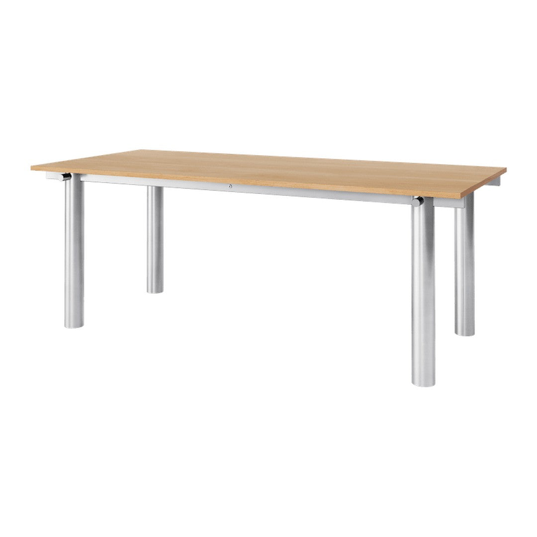 Natural wood finish tabletop with metallic silver legs, featuring a sleek, modern design.