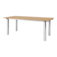 Natural wood finish tabletop with metallic silver legs, featuring a sleek, modern design.