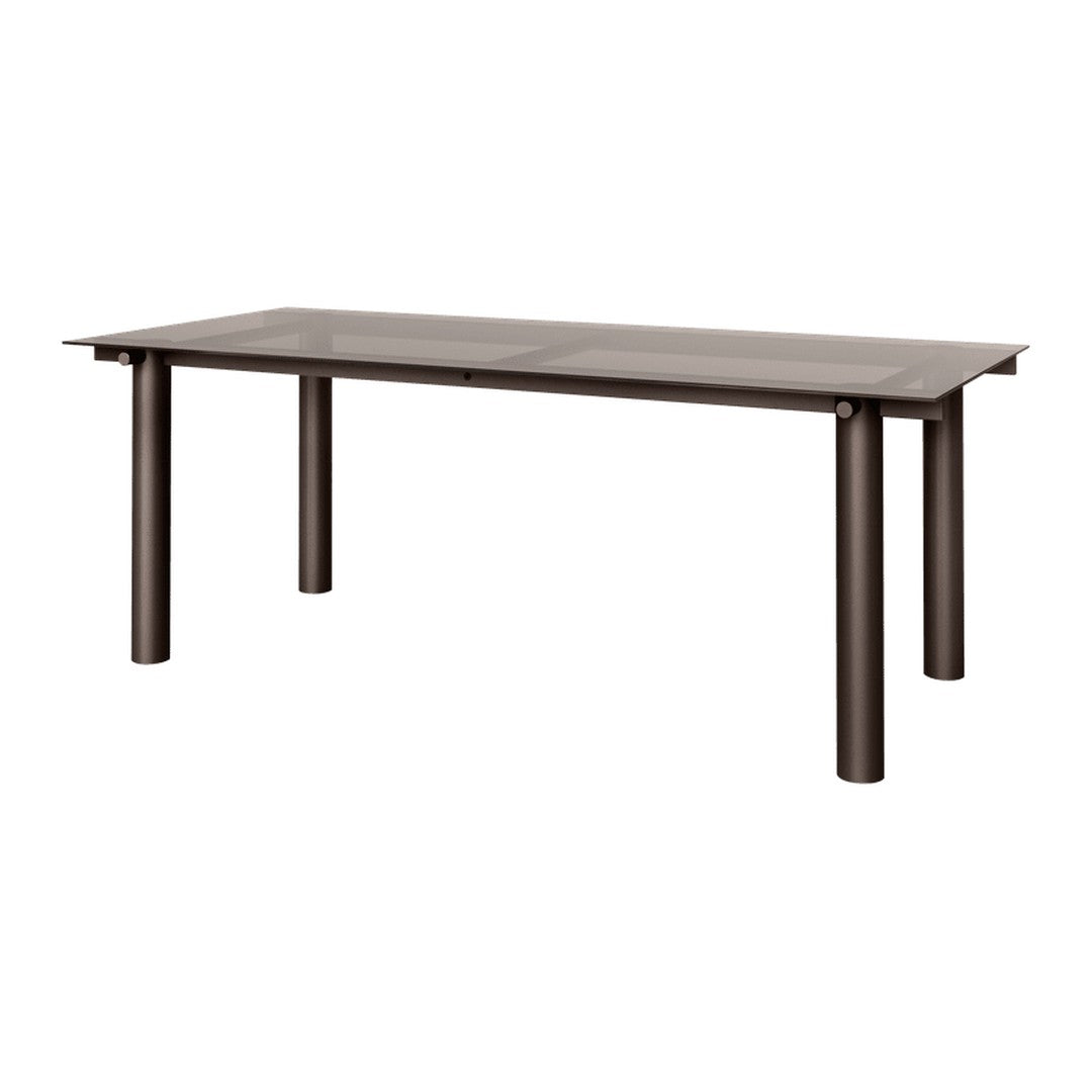 Brown rectangular dining table with a sleek, smooth surface and sturdy metallic legs. Ideal for modern interiors.