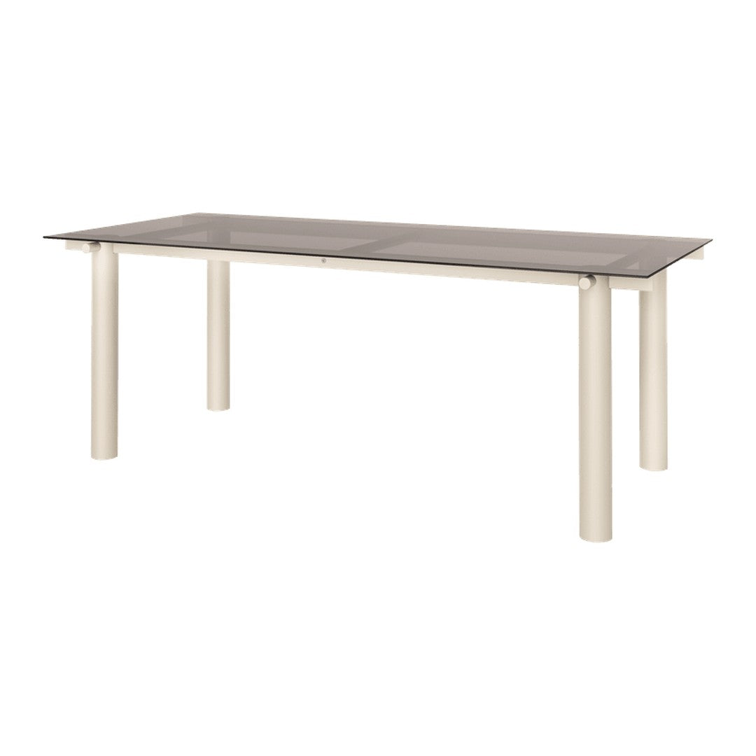 Rectangular dining table with a sleek gray tabletop and cream-colored legs, offering a modern, minimalist design.