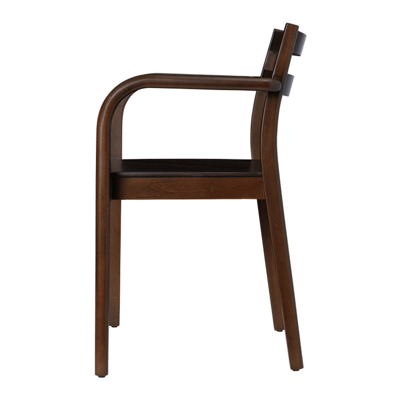 Brown wooden armchair with smooth, curved lines and a minimalist design. Ideal for modern decor.
