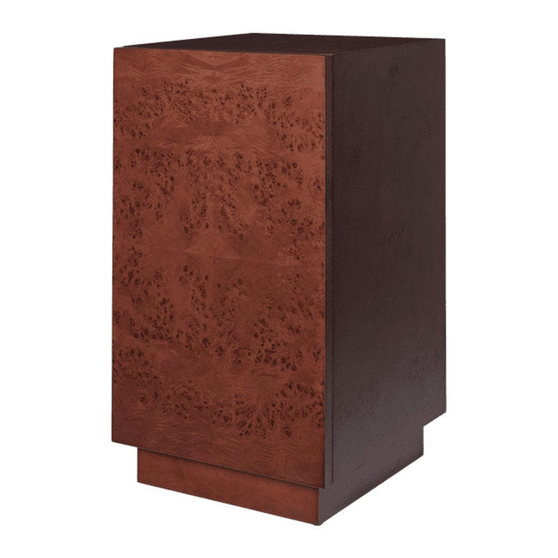 Rich mahogany wood cabinet with intricate burl pattern and smooth dark brown finishes. Modern design accent piece.