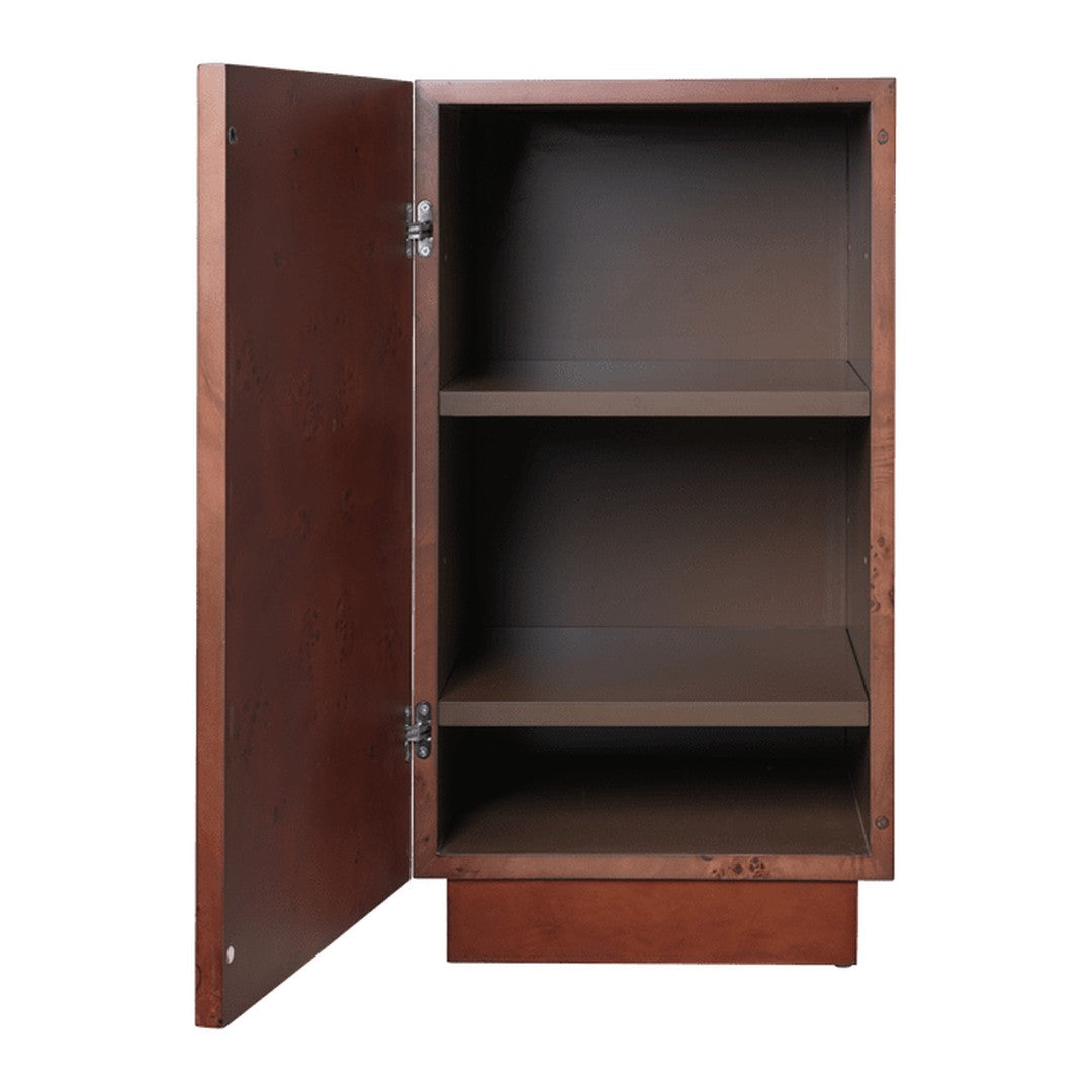 Brown wooden cabinet with a smooth finish and three shelves, featuring a minimalist design.