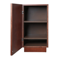 Brown wooden cabinet with a smooth finish and three shelves, featuring a minimalist design.